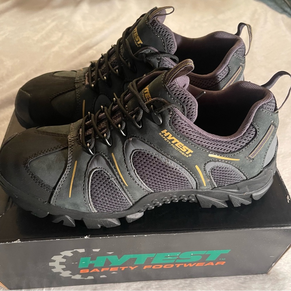 Hytest Steel Toe Safety Work Shoe Low Cut Hiker Grey Yellow Mens 8 NWT
